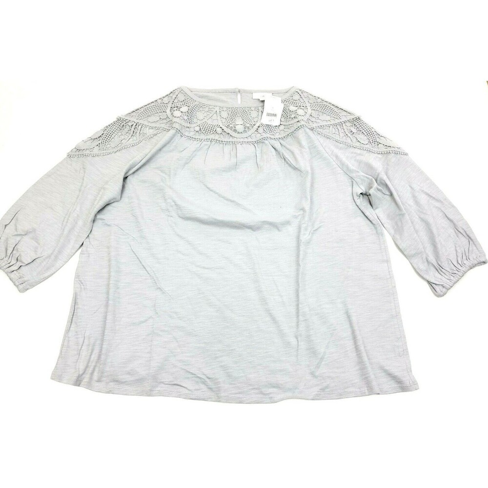 J. Jill Lace Yoke Knit Peasant Top Embroidered Size L Gray